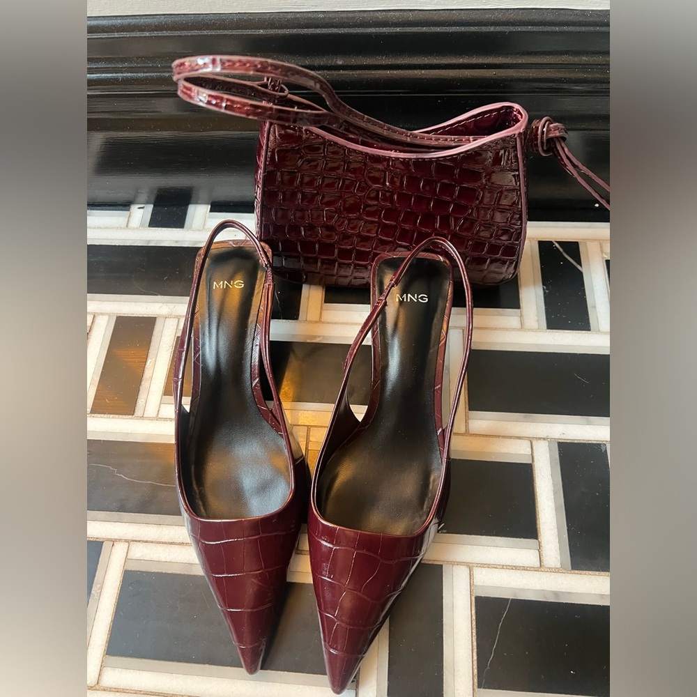 Mango Burgundy Croc-Embossed Mini Bag